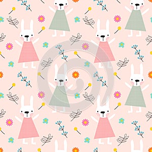 Lovely bunny and flower seamless pattern vector.