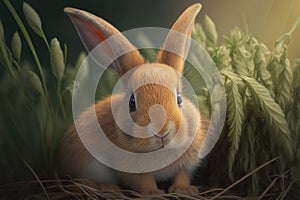 Lovely bunny fluffy brown rabbit. Adorable baby rabbit on green garden nature background. Ai generated