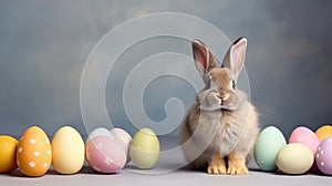 Lovely bunny with pastel colored eggs. Easter greeting card.