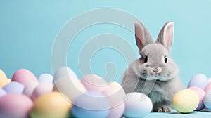 Lovely bunny with pastel colored eggs. Easter greeting card.