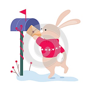 Lovely Bunny Putting Letter in Mailbox, Xmas Animal Cartoon Character, Merry Christmas and Happy New Year Vector