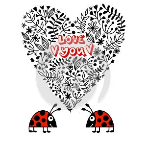 Lovely card for Valentines Day. Couple of ladybugs in love