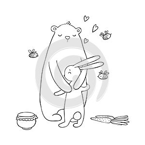 Lovely cartoon bear and hare. A pot of honey, carrots and bees. Happy animals. Isolated objects on white background.