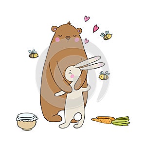 Lovely cartoon bear and hare. A pot of honey, carrots and bees. Happy animals. objects on white background.