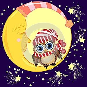 A lovely cartoon brown owl in a red hat and scarf sits on a drowsy crescent moon against the background of the night sky
