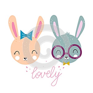 Lovely. Cartoon bunnies, hand drawing lettering, decor elements. Colorful vector illustration for kids, flat style.
