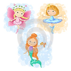 Lovely cartoon girl in different costumes butterfly, ballerina and a mermaid. Vector