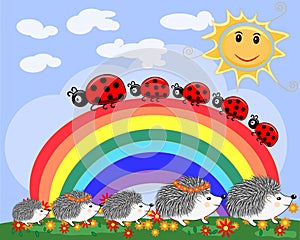 Lovely cartoon hedgehog near a seven-colored rainbow and a ladybird on a spring, summer