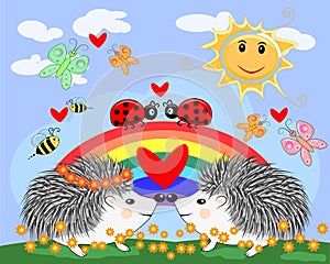 Lovely cartoon hedgehog near a seven-colored rainbow and a ladybird on a spring, summer