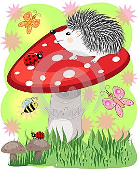 Lovely Cartoon hedgehog sits on a fly agaric mushroom, baby