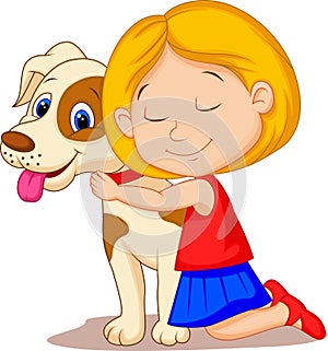 Lovely cartoon little girl hugging pet dog with passion