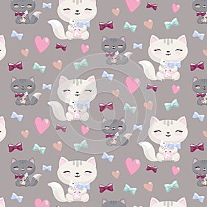 Lovely cartoon seamless pattern with cats , hearts,bones.
