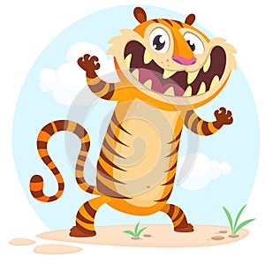 Lovely cartoon tiger character. Vector illustration on simple nature background.