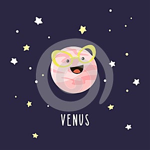 Lovely cartoon Venus in the night sky. Bright vector illustration.