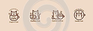 Lovely cat cafe line style logo set