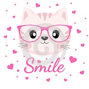 Lovely cat face in glasses with pink hearts on white background.