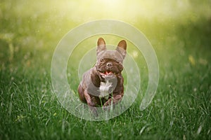 Lovely Cheerful French Bulldog runs along the green grass across