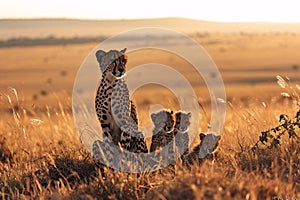 Lovely cheetah family, mother with cheetah cub in savanna grassland. generative ai