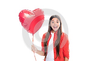Lovely child teen girl with shape heart love holiday and valentine symbol. Valentine or birthday day. Gift heart present