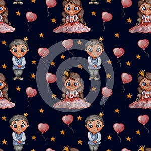Lovely children. Seamless patterns. Little girl princess with hairstyle and lipstick in her hand and a handsome prince on a black