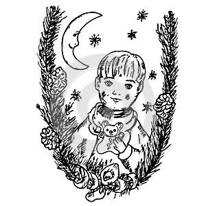 Lovely Christmas card with fir tree branches, moon and little boy with honey-cake as funny bear