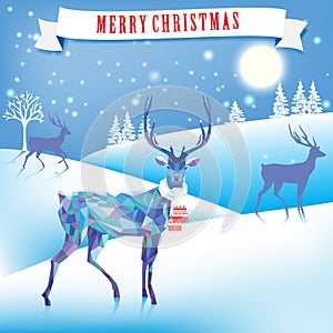Lovely Christmas image. Deer, winter landscape, Christmas tree