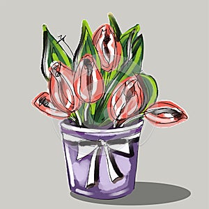 Lovely Christmas image for Wallpapers, greeting cards, posters, fabrics. Tulips, leaves, stems, bouquet of pink flowers in a vase.