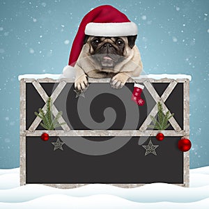 Lovely Christmas pug puppy dog hanging with paws on blank blackboard sign with wooden frame and decoration