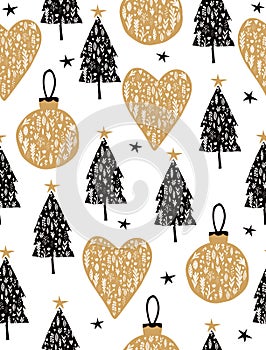 Lovely Christmas Tree Seamless Vector Pattern. Cute Hand Drawn Christmas Design.