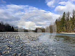 Lovely clear river running through the Cascades of Washington state during the winter season