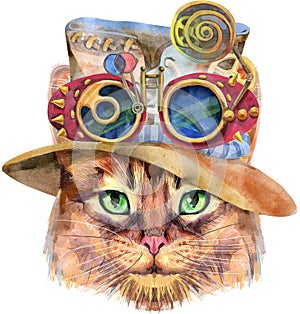 Lovely closeup portrait of Somali cat in a steampunk hat with goggles. Hand drawn water colour painting on white background