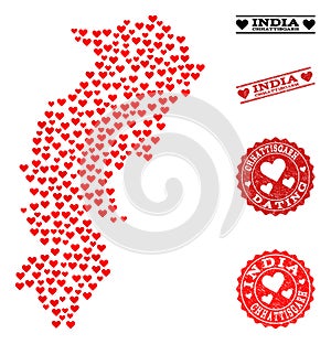 Lovely Collage Map of Chhattisgarh State and Grunge Stamps for Valentines