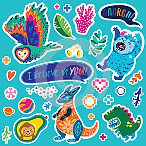 Lovely collection of green and blue stickers. Fantasy cartoon animals and creatures vector illustration