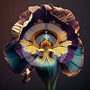 Lovely colorful iris flower isolated on black in water splash, beautiful spring floral background,