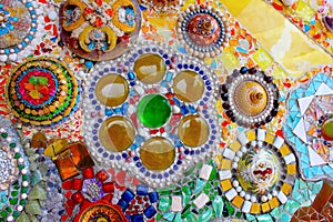 Lovely colorful mosaic designs made with pottery shards and glass gems, at Pha Sorn Kaew, in Khao Kor, Phetchabun, Thailand.