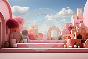 Lovely colorful pastel pink stage and building Entrance arch, staircase with plants, flower pots, sky. Generative Ai.