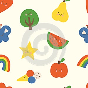 Lovely colorful seamless pattern with heart, tree, rainbow, butterfly, star, apple, pear, watermelon and ice cream