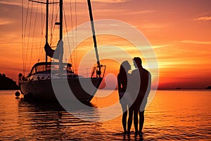 Lovely couple admiring sunset sitting on yacht deck while sailing in the sea. Handsome man and beautiful woman having romantic