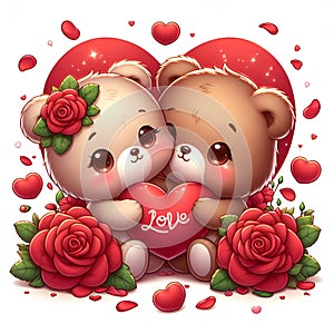 A lovely couple of adorable bear, hugging a heart in cute face, with red rose flower and love sign, cartoon, romantic scene