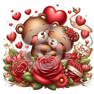 A lovely couple of adorable bear in love scene, hugging each orhers in cute pose, rose flower, love sign, cartoon, romantic