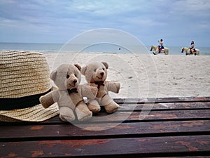 Lovely couple bear with white hat on balcony on white sand beach with Hat at Hua Hin beach, can see riding horse activity, item an