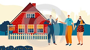 Lovely couple buy first house, chacarter female, male purchase home, family people, flat vector illustration. Real