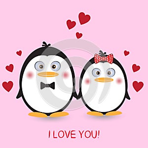 Lovely couple cute penguins on a pink background.