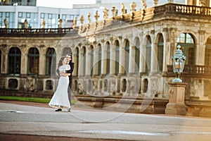 Lovely couple hugging in gorode. Europe.