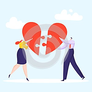 Lovely couple make up puzzle heart, loving woman and man hand hold part cardiac icon flat vector illustration, isolated