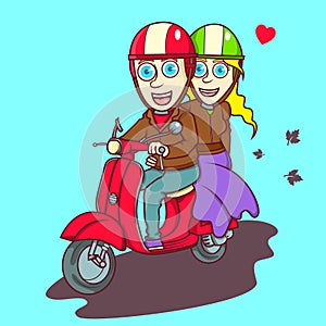 Lovely couple riding a red scooter