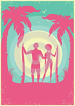 Lovely couple of surfers and blue sea waves on poster.Vector background