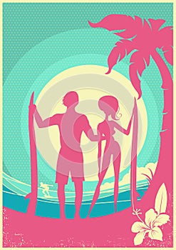 Lovely couple of surfers and blue sea waves on Vector poster background