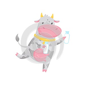 Lovely cow runnung with glass bottle of milk, funny farm animal cartoon character vector Illustration on a white