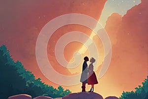 lovely cute animation couple standing on a hill in front of a sunrise desert scene, ai generated image